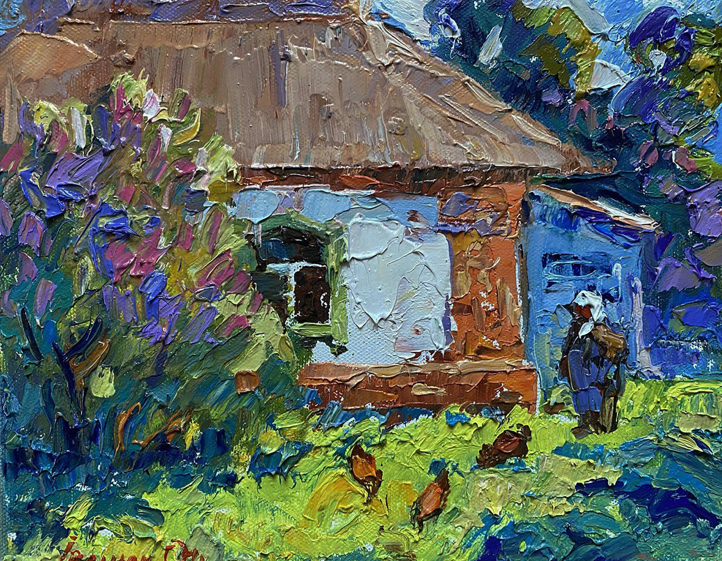 Vibrant impressionist oil painting of Oleksiy Ivanyuks rustic cottage with chickens