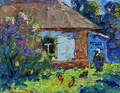 Vibrant impressionist oil painting of Oleksiy Ivanyuks rustic cottage with chickens
