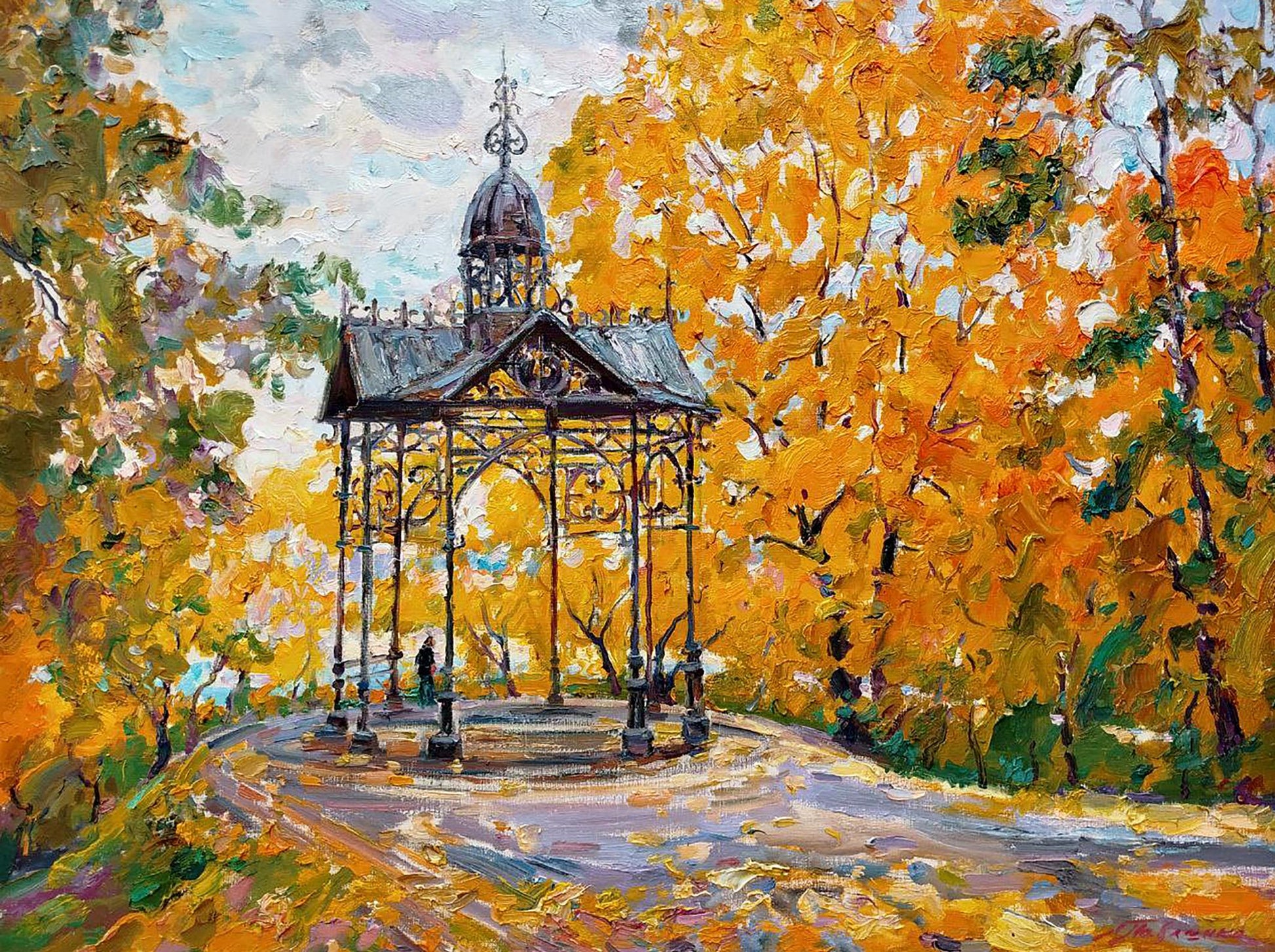 Oil painting of ornate black metal gazebo by Leonid Pavlenko amid autumn foliage