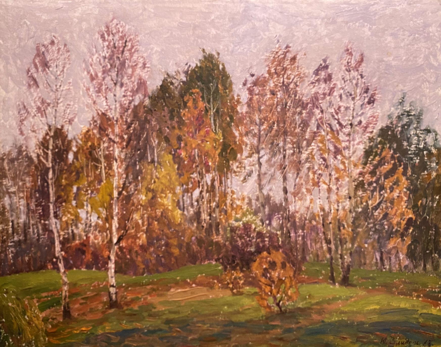 Impressionistic oil painting Late Fall by Yuriy Zlyden: autumn birch forest