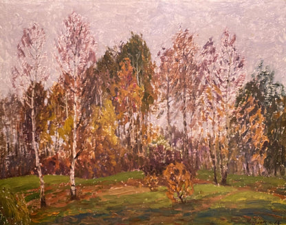 Impressionistic oil painting Late Fall by Yuriy Zlyden: autumn birch forest