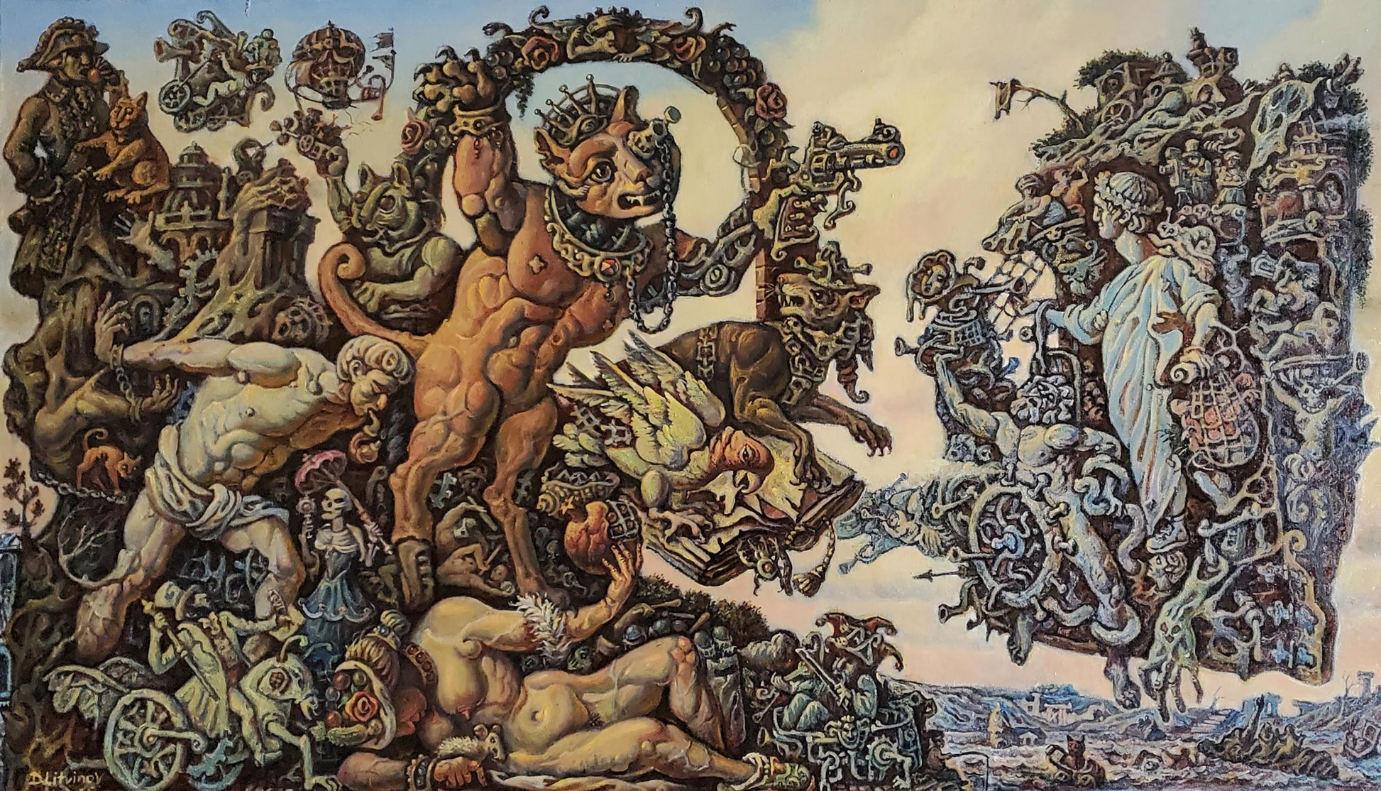 Oil painting Ancient Sea Visions by Daniil Litvinov, surreal crowned muscular figure