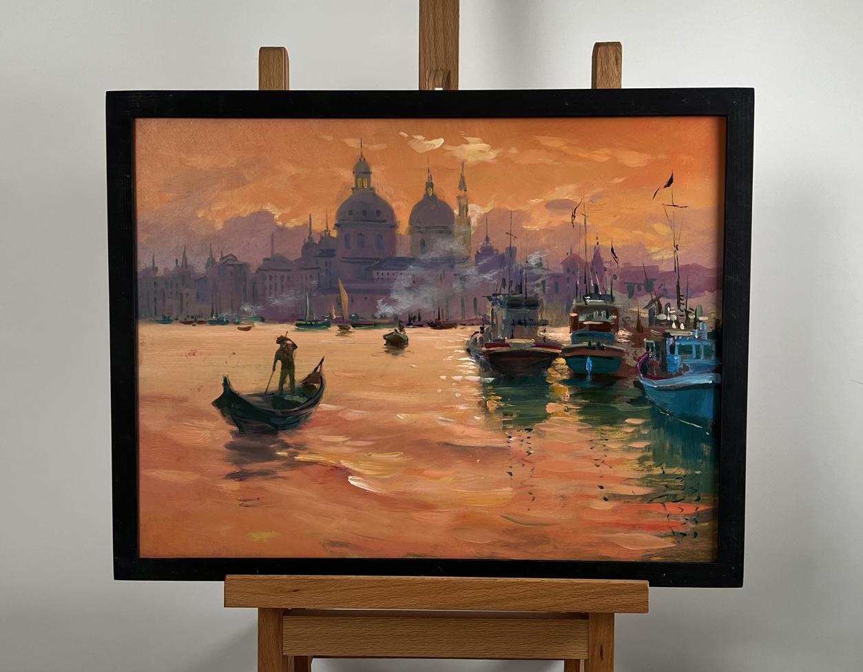 Framed oil painting of Venetian harbor at sunset by Yuriy Suprunchuk