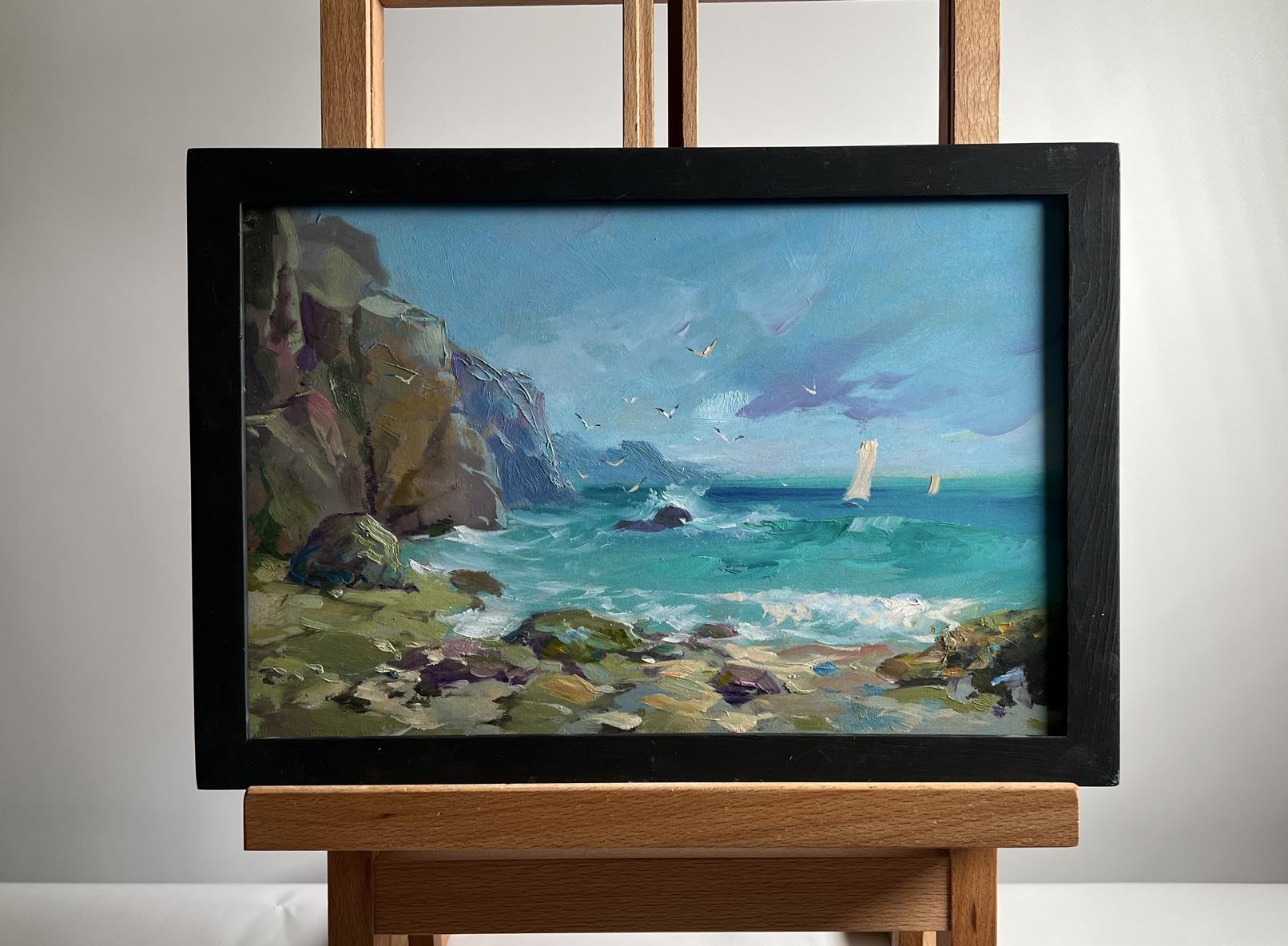 Oil painting by Yuriy Suprunchuk: seagulls over turquoise sea with cliffs and sailboats