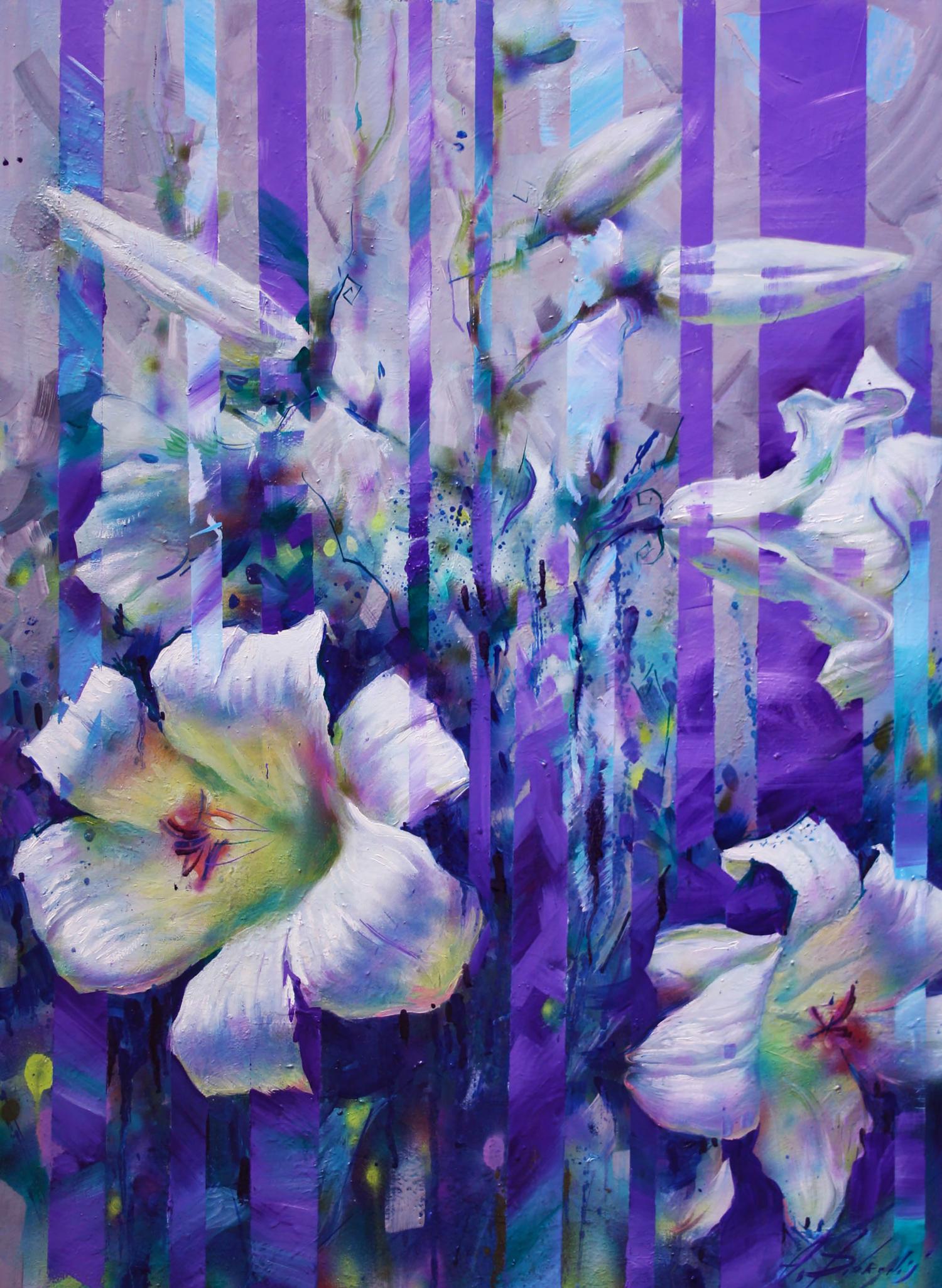 Oil painting White morning by Alexander Dobrodiy: white lilies on purple blue stripes