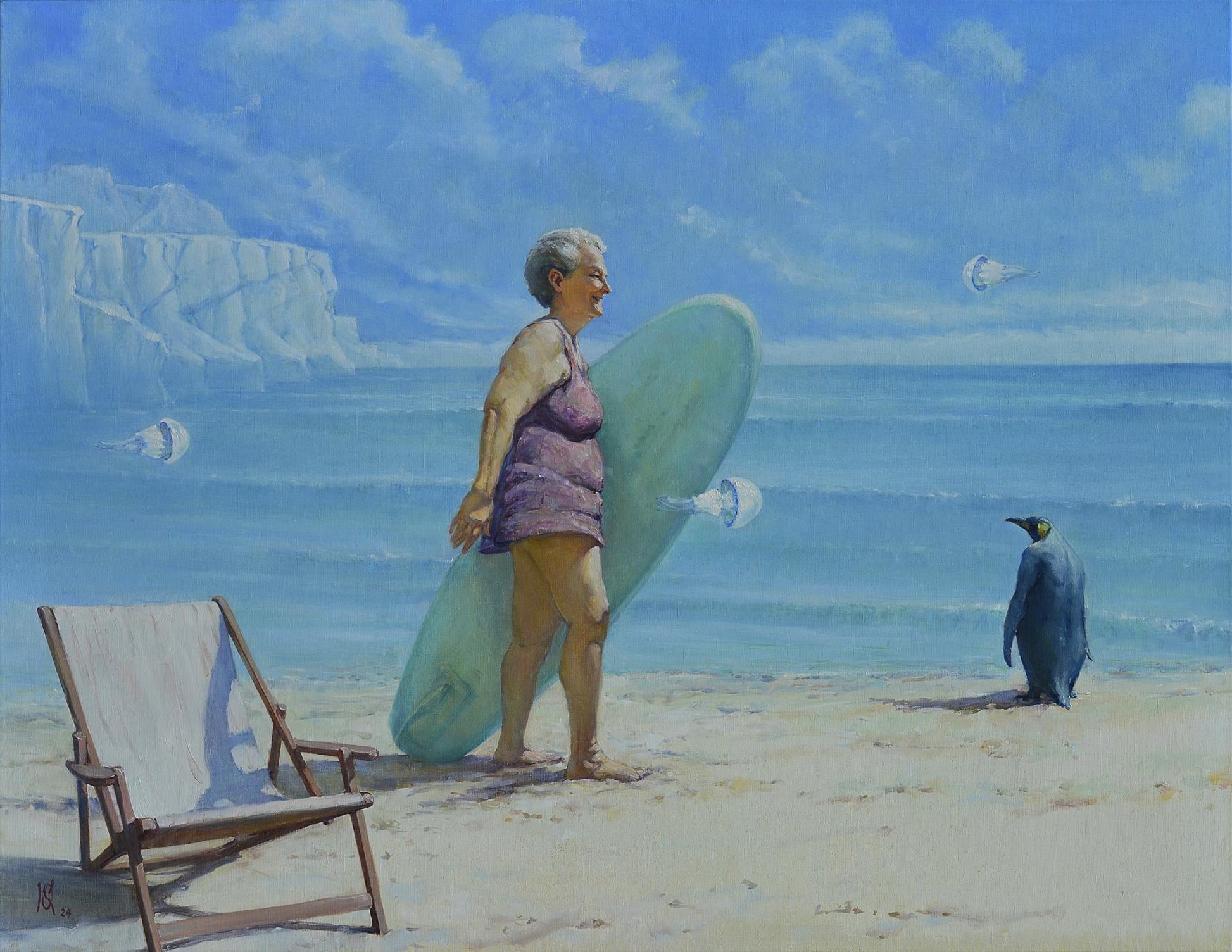 Oil painting of older woman holding light teal surfboard on cold seashore by Oleg Kateryniuk