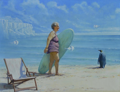 Oil painting of older woman holding light teal surfboard on cold seashore by Oleg Kateryniuk