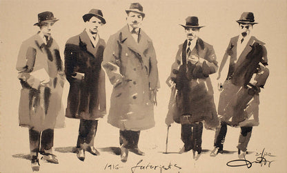 Monochrome watercolor of Italian Futurists in fedoras and overcoats by Dima Filatov