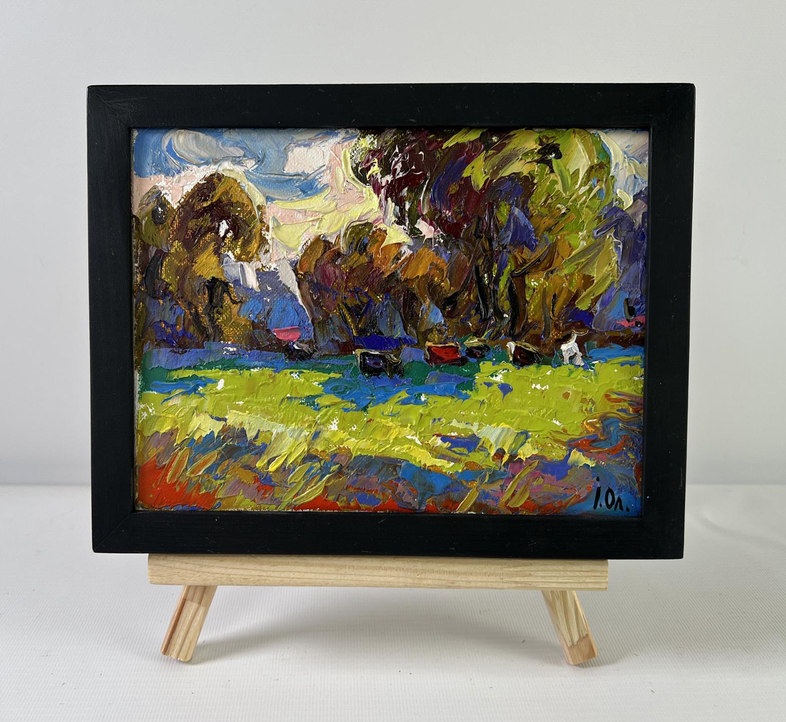 Oil painting Noon on the Pasture by Oleksiy Ivanyuk in black frame