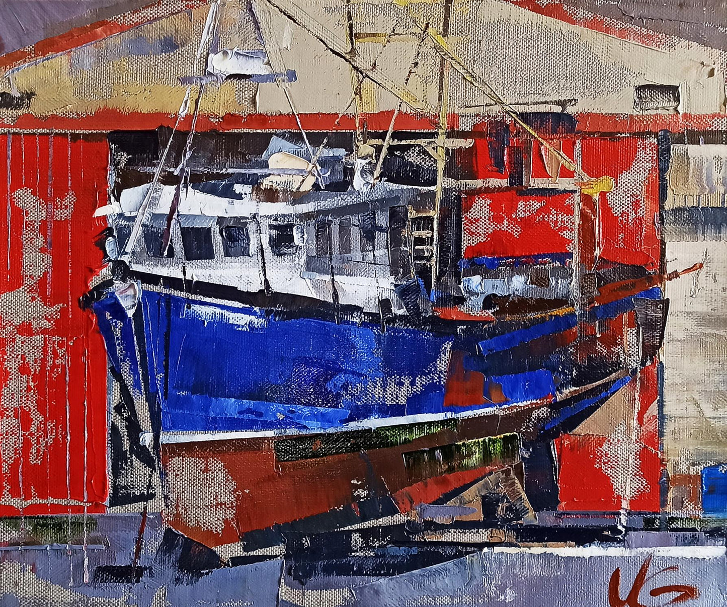 Oil painting of vibrant blue red fishing boat under repair by Volodymyr Gluhomanyuk