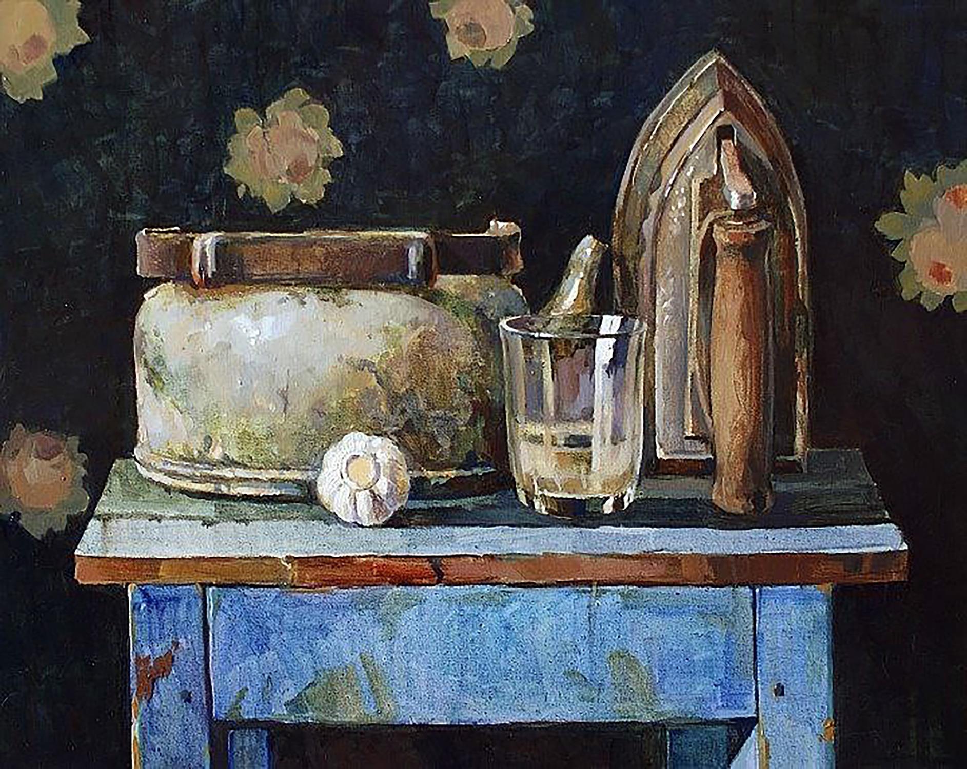 Oil painting of weathered silver kettle by Anastasia Yaroshevich