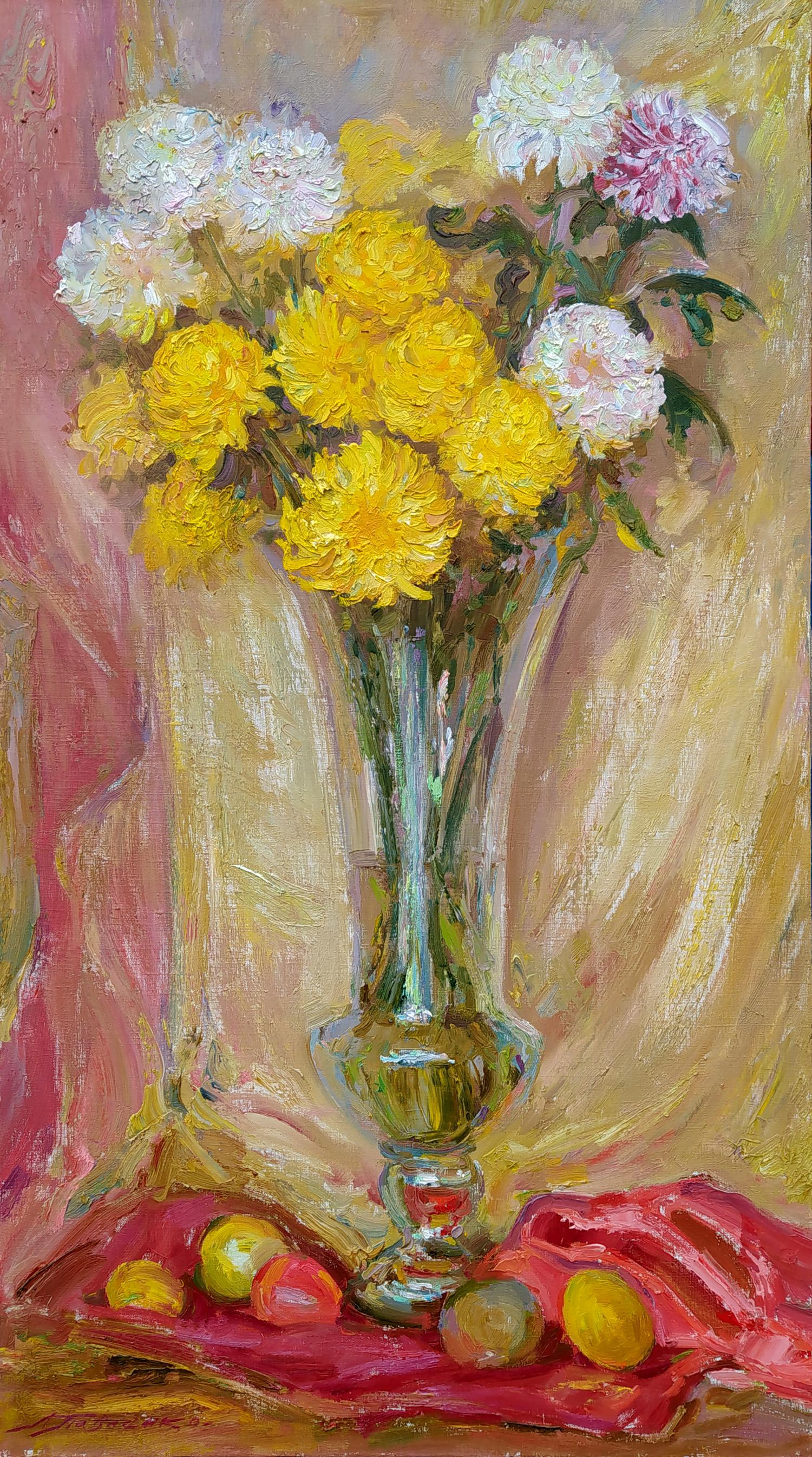 Oil painting Autumn mood Leonid Pavlenko with chrysanthemum bouquet