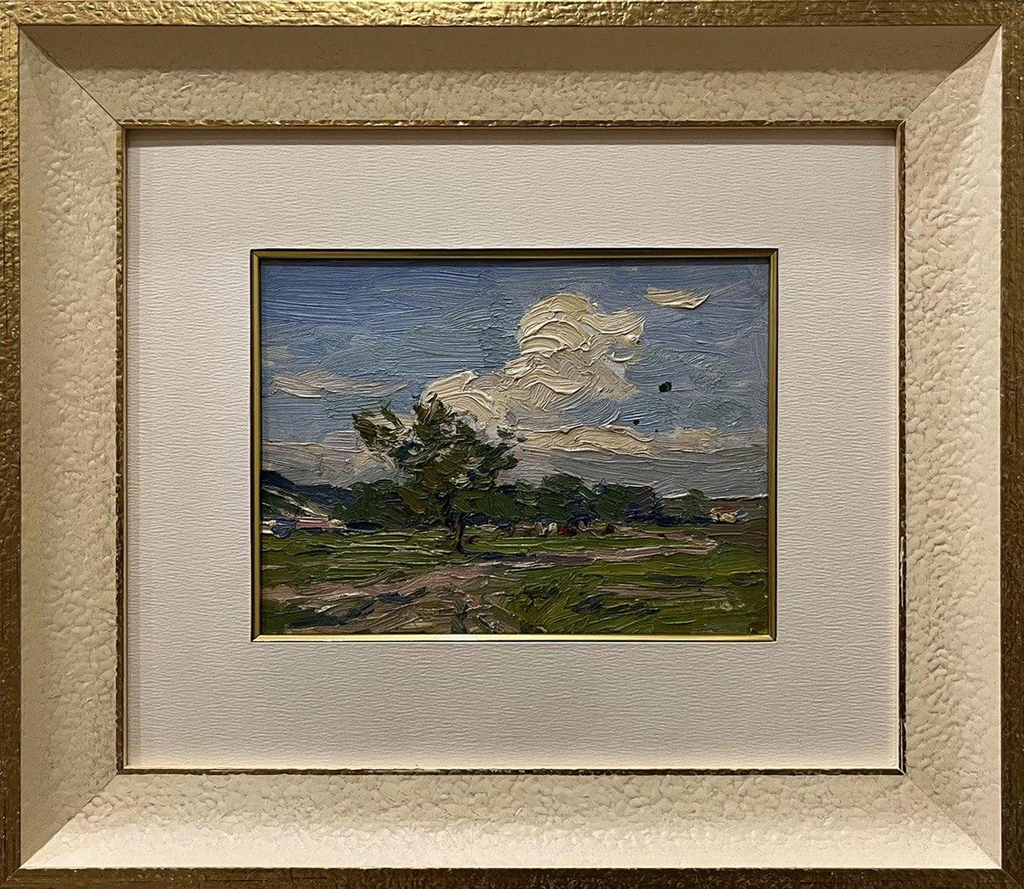 Textured gold-framed oil painting by Yury Konovalov: solitary tree under dramatic white clouds