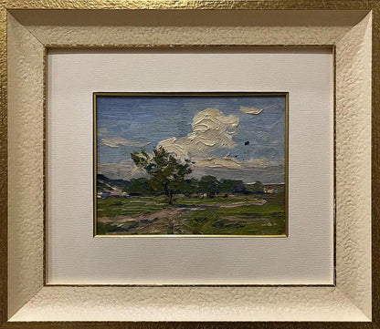Textured gold-framed oil painting by Yury Konovalov: solitary tree under dramatic white clouds