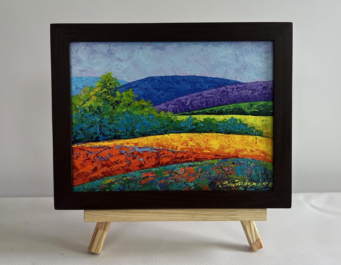 Oil painting of Mountain summer meadows by V. Zadorozhnya in wooden frame
