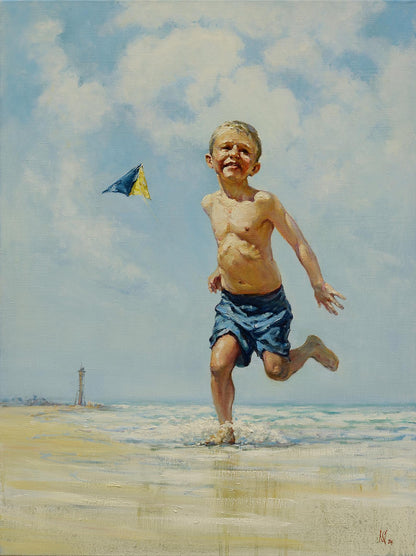Joyful boy in blue trunks running in waves, Sunny island oil painting by Oleg Kateryniuk