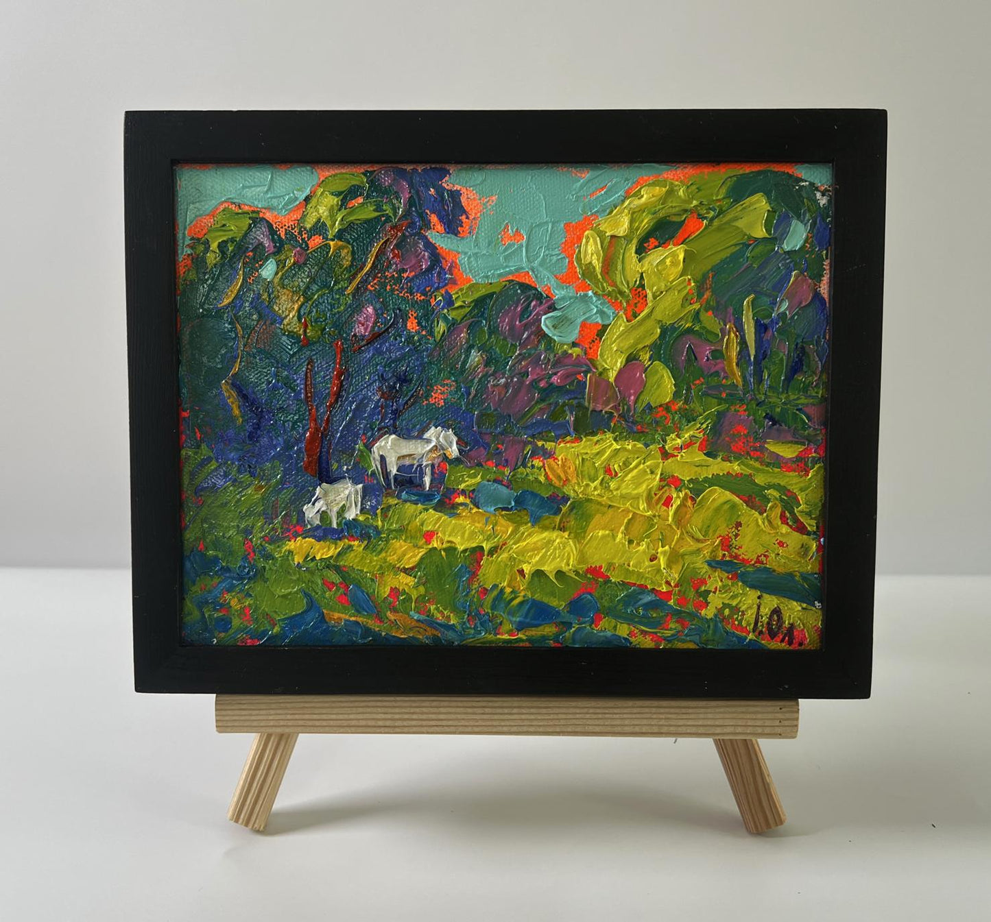Oil painting of white horses in forest by Oleksiy Ivanyuk, framed