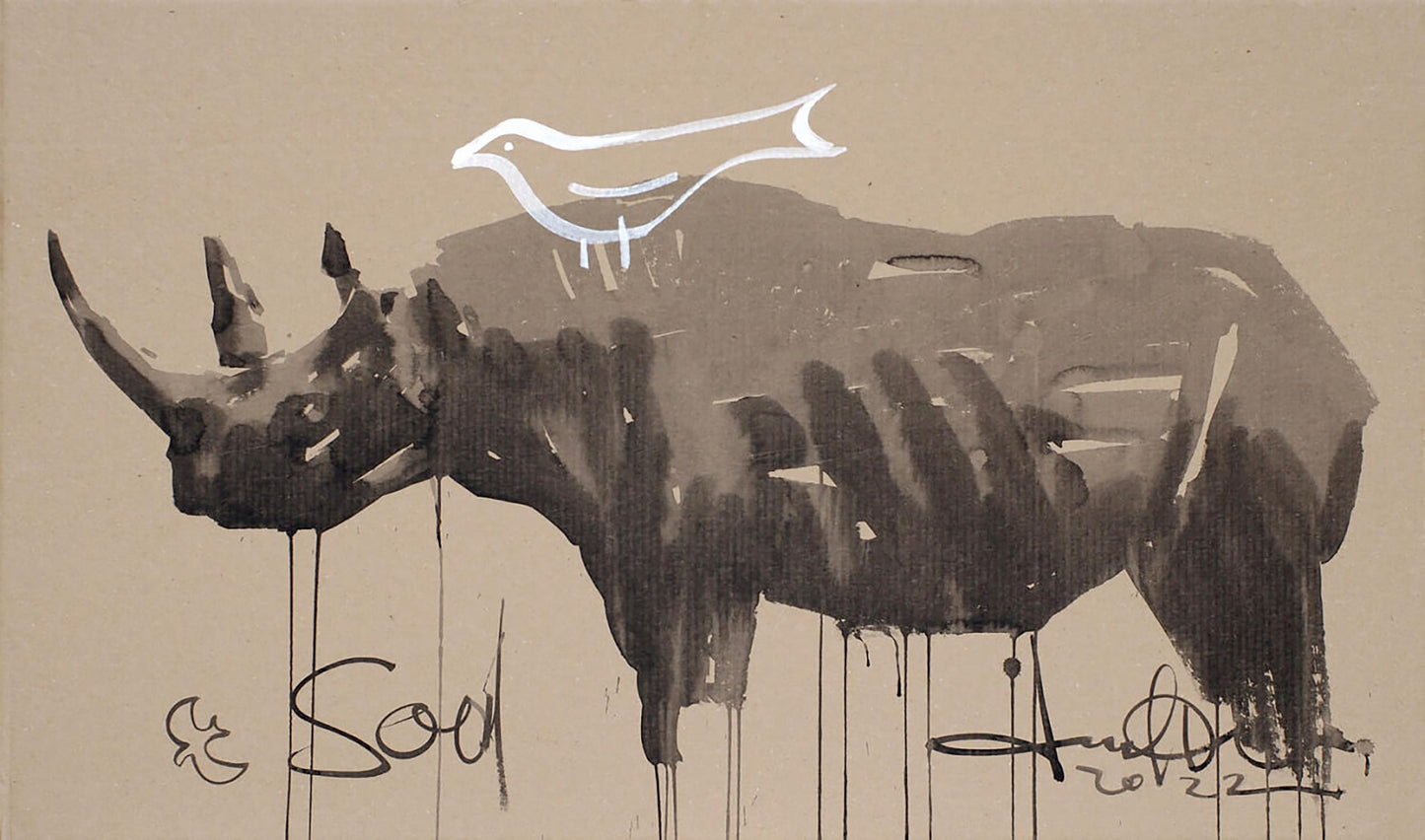 Minimalist black and white rhino ink painting with bird by Dima Filatov