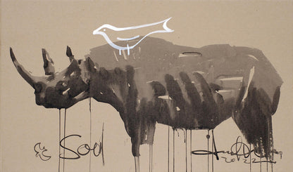 Minimalist black and white rhino ink painting with bird by Dima Filatov