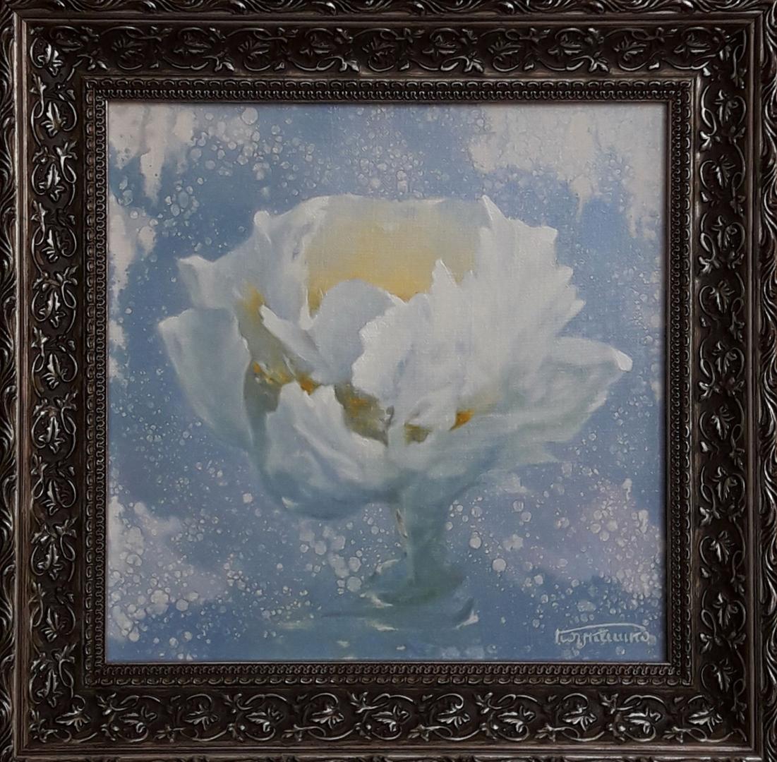 Delicate white peony oil painting by Vasily Korkishko in ornate frame