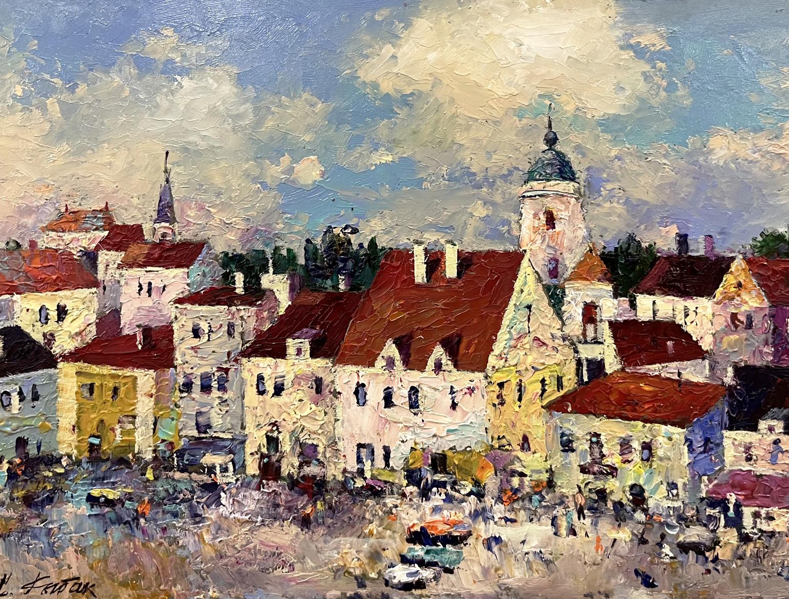 Vibrant impressionist oil painting of European city center by Serhiy Rybak