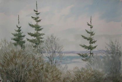 Watercolor painting of winter fog in forest by Valery Savenets
