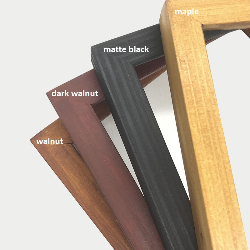 Custom Wooden Frame in matte black, dark walnut, maple with natural wood grain