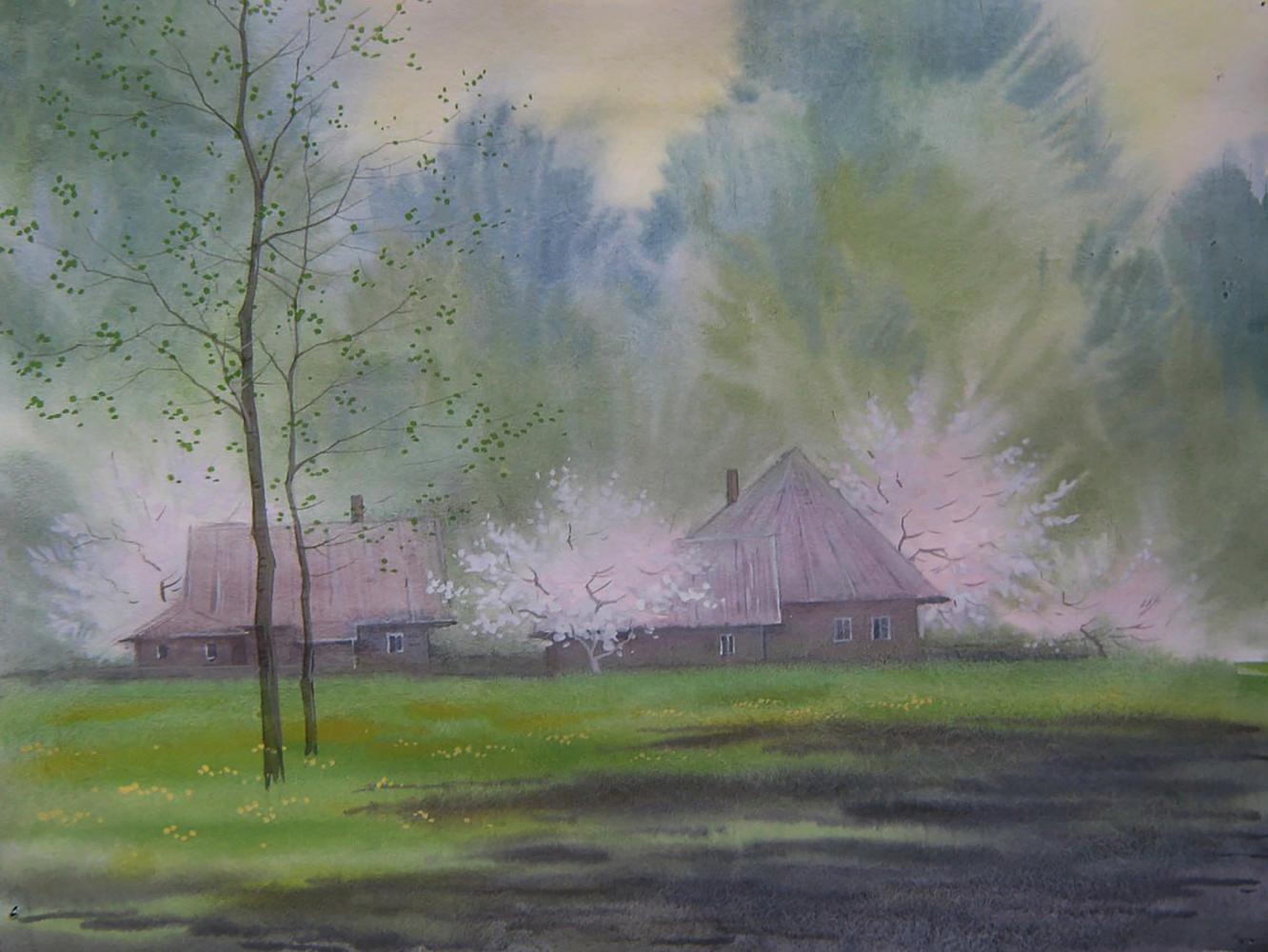 Watercolor painting of Spring village by Valery Savenets, rustic house