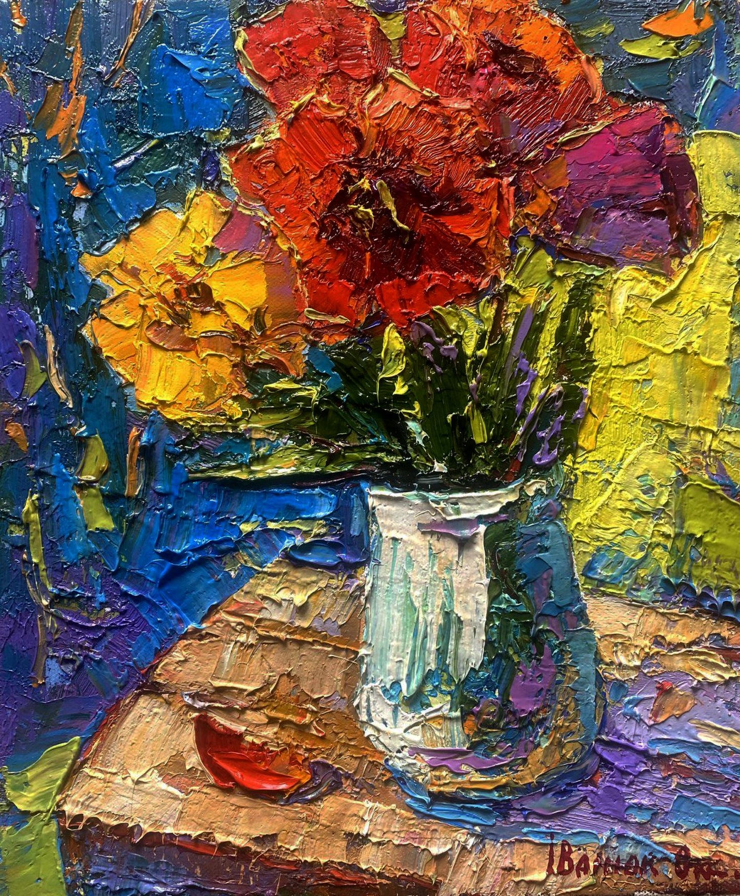 Oil painting of vibrant red yellow tulips in white vase by Oksana Ivanyuk