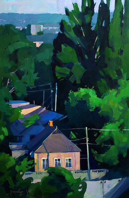 Oil painting At five in the morning by Anastasia Yaroshevich: peach house among green trees