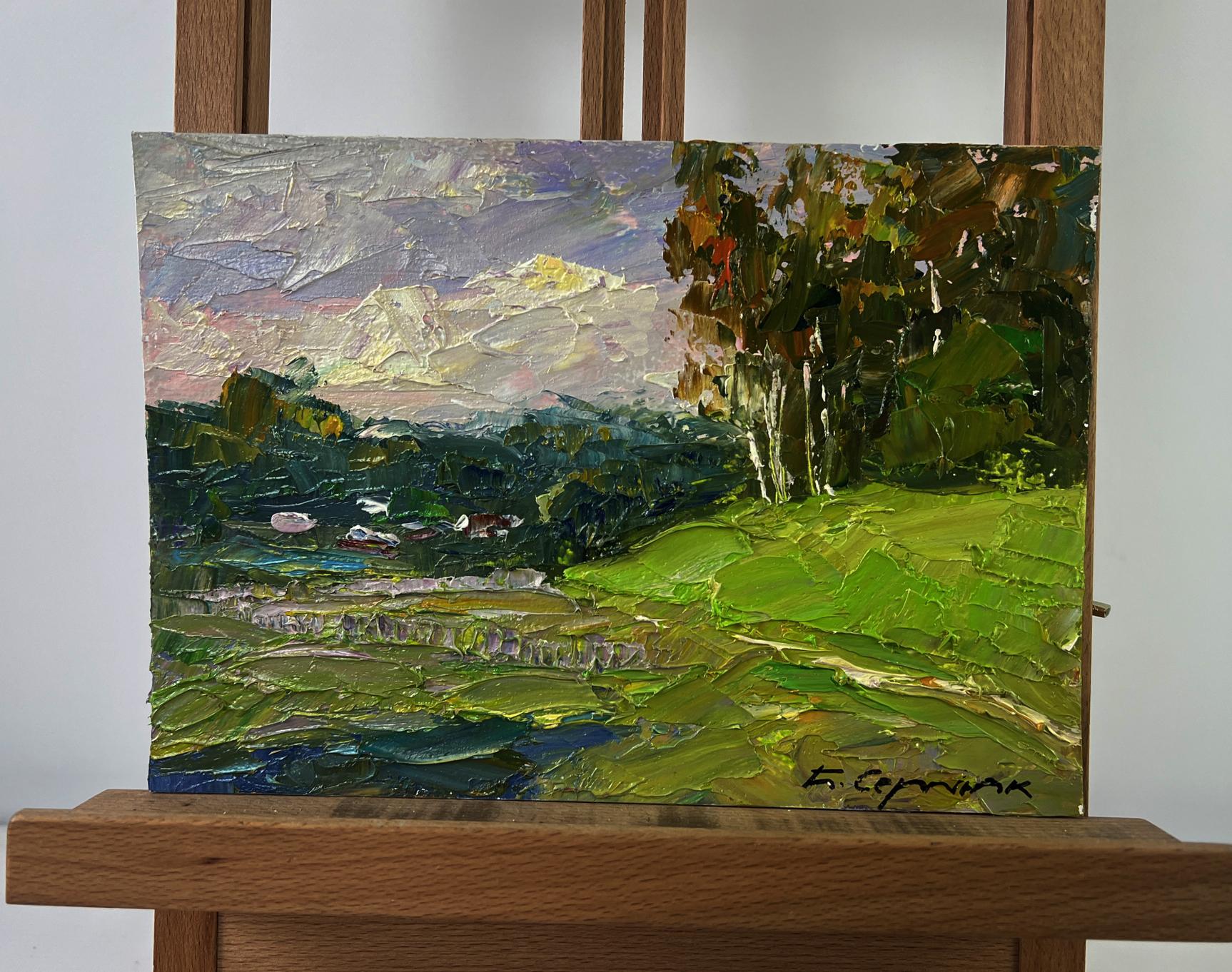 Vibrant impressionist oil painting of birch grove in morning sun by Boris Serdyuk