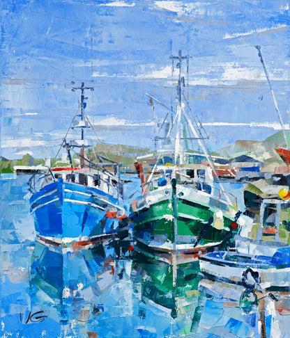 Oil painting Andalusia by Volodymyr Gluhomanyuk: two boats in harbor