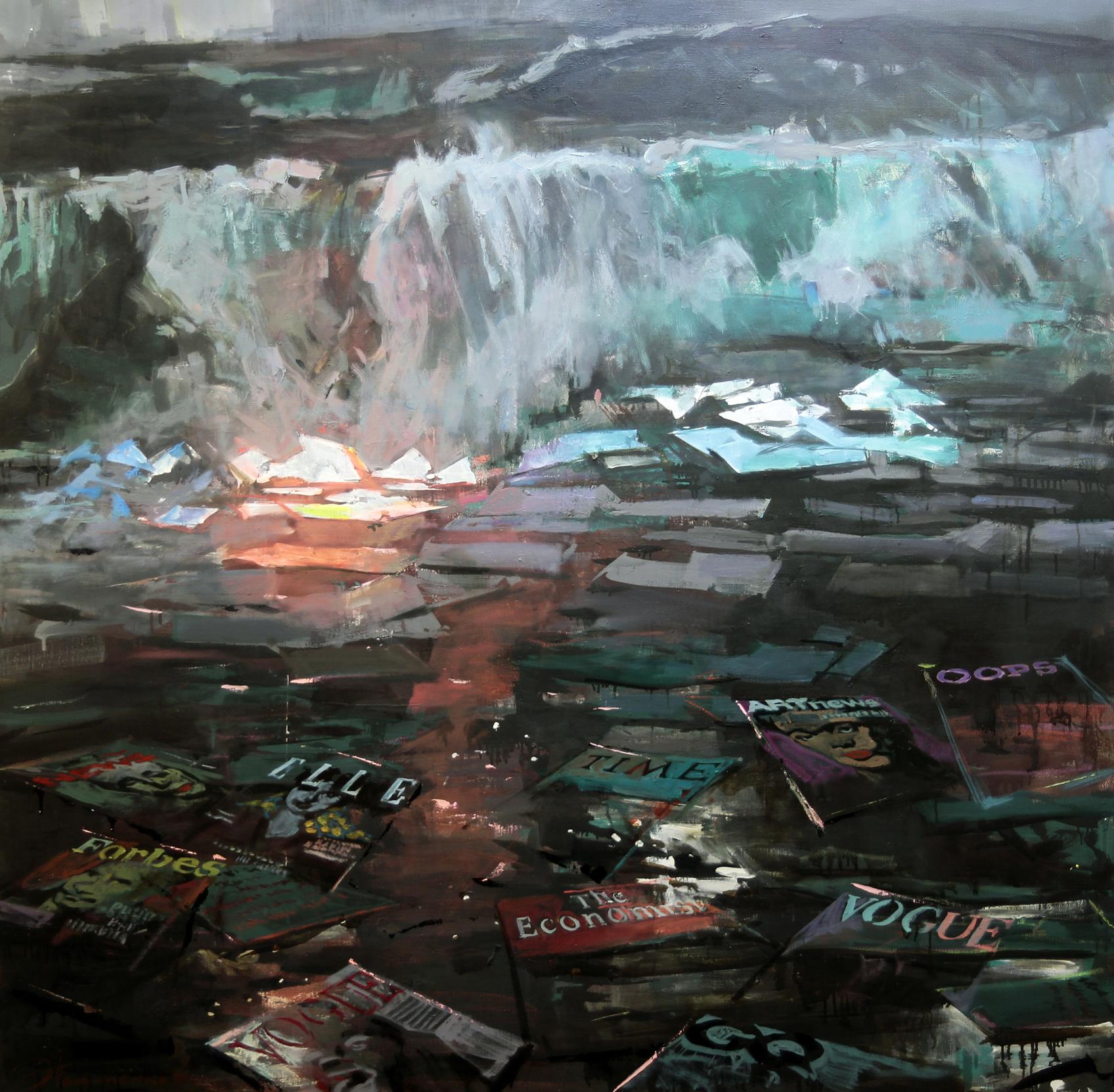 Oil painting Wave by Ed Potapenkov: turbulent waterfall crashing into Forbes, Vogue pool