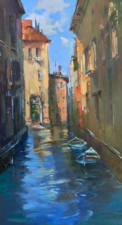 Serene canal oil painting by Yuriy Suprunchuk with light blue boats