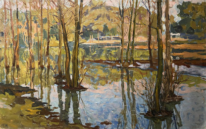 Impressionistic oil painting Spring flood by Boris Talko, bare trees in water