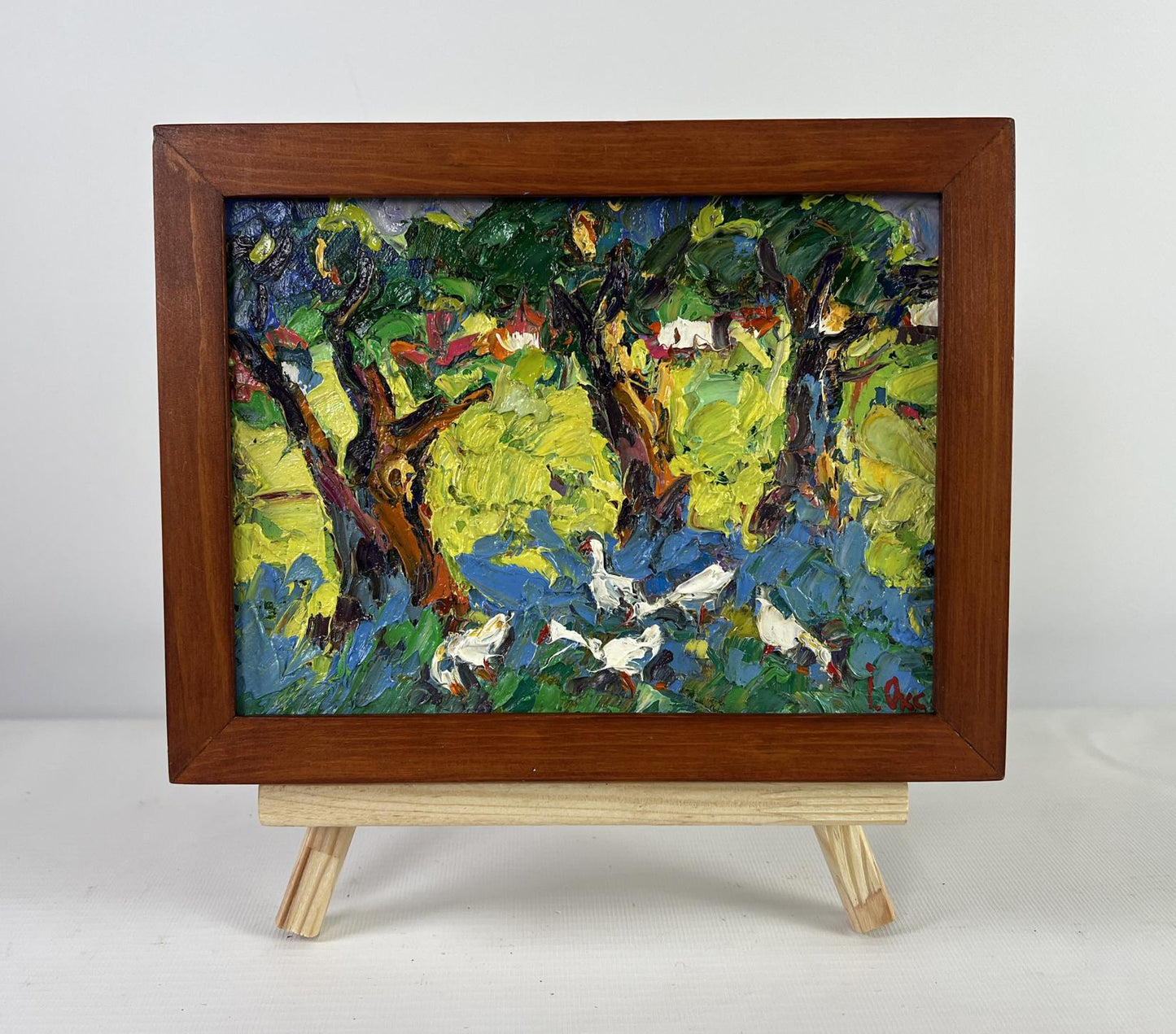 Vibrant impressionist oil painting Dreams in the shade of trees by Oksana Ivanyuk, framed ducks amid lush trees