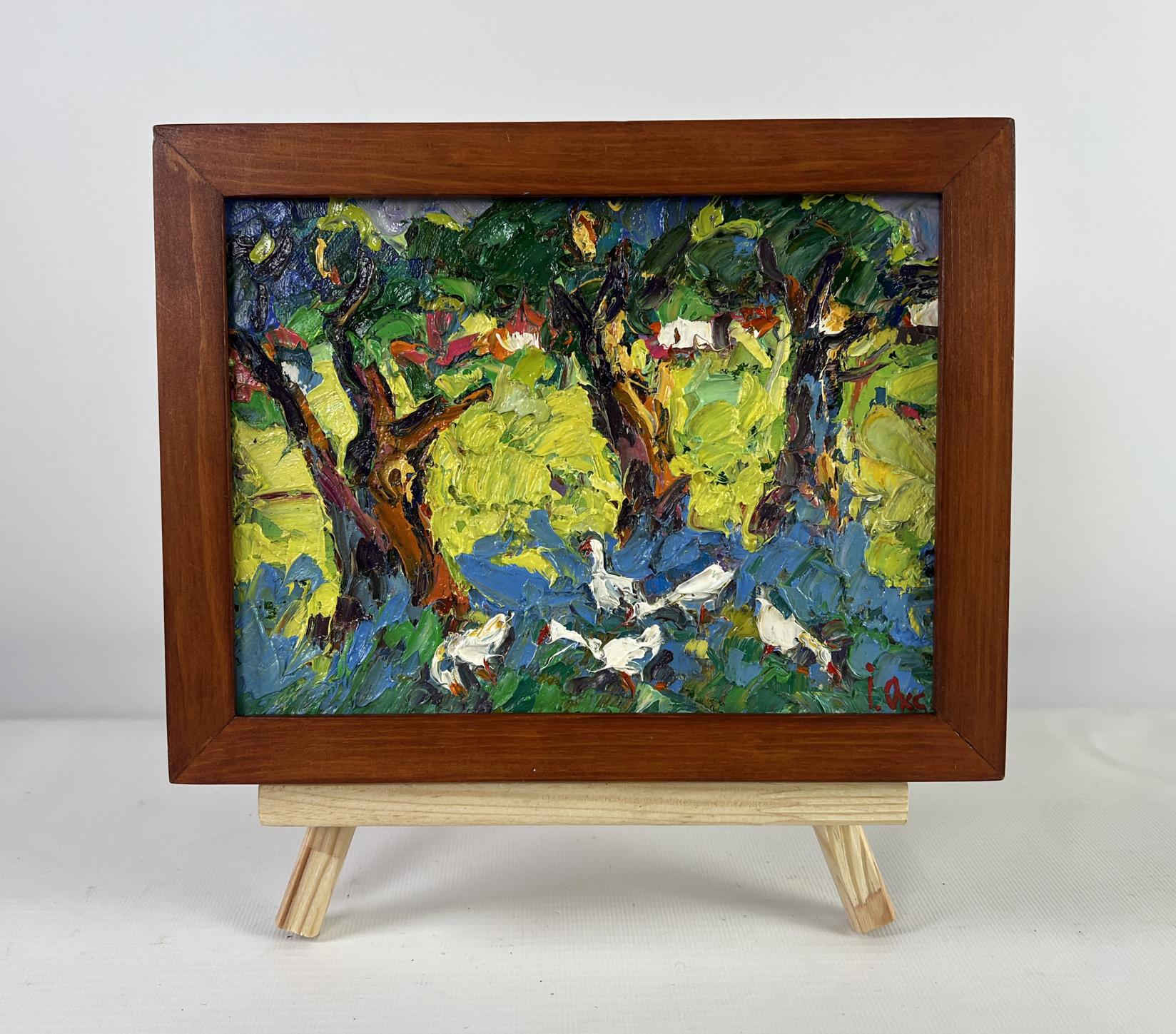 Vibrant impressionist oil painting Dreams in the shade of trees by Oksana Ivanyuk, framed ducks amid lush trees