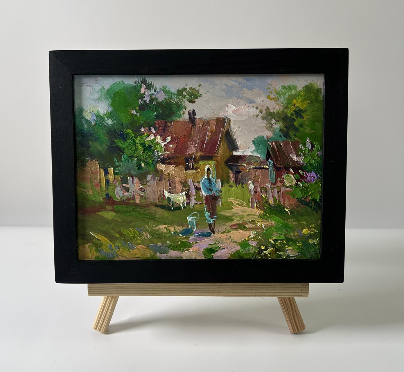 Oil painting Yard in the village by Yuriy Suprunchuk in black frame