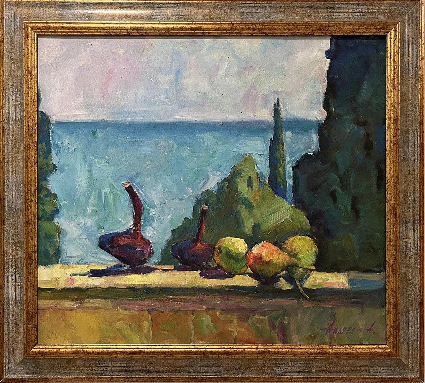 Oil painting by Oleksandr Andreev: purple vases, pears on ledge with coastal backdrop