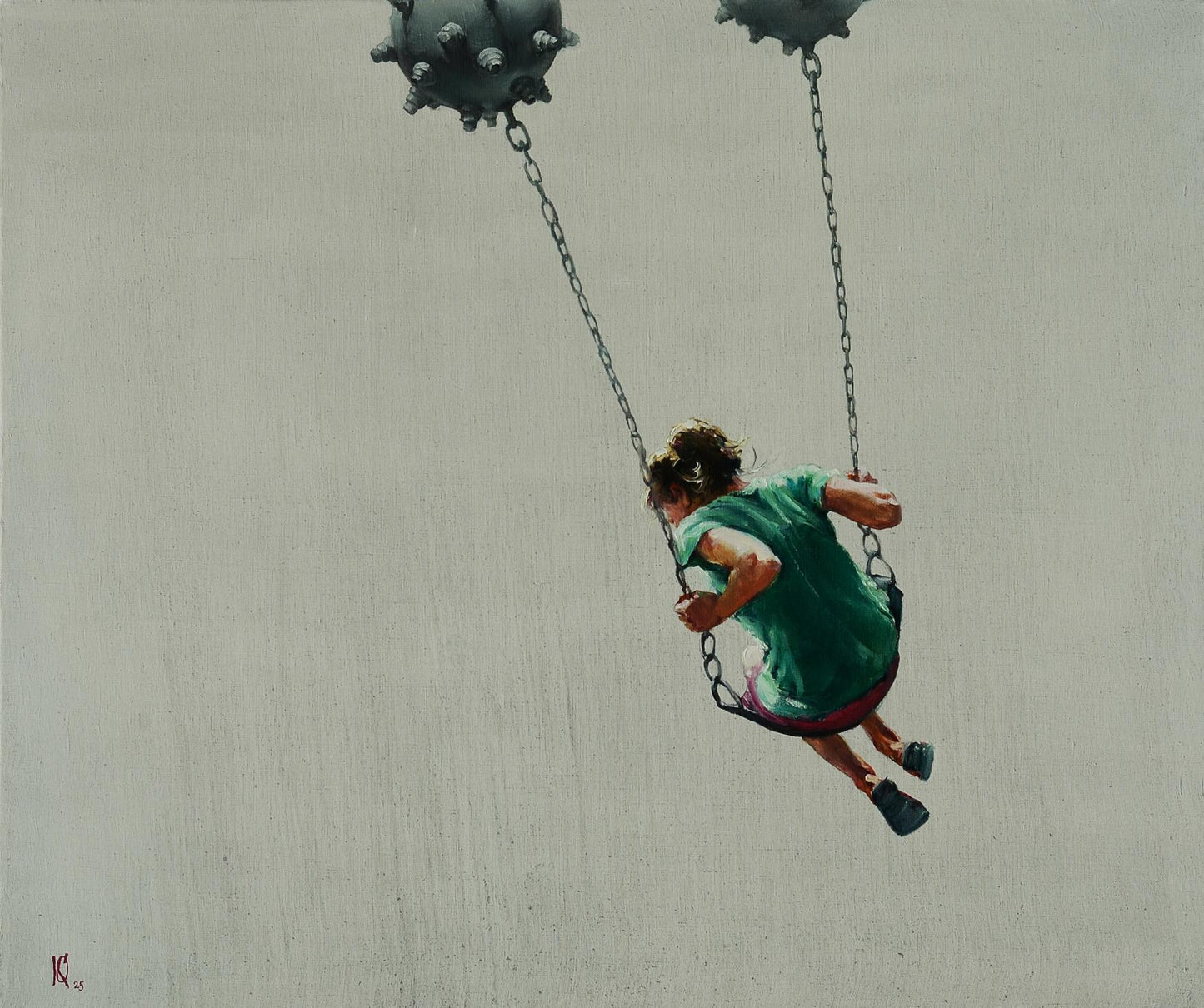 Oil painting by Oleg Kateryniuk: child in green dress on swing with spiked weights