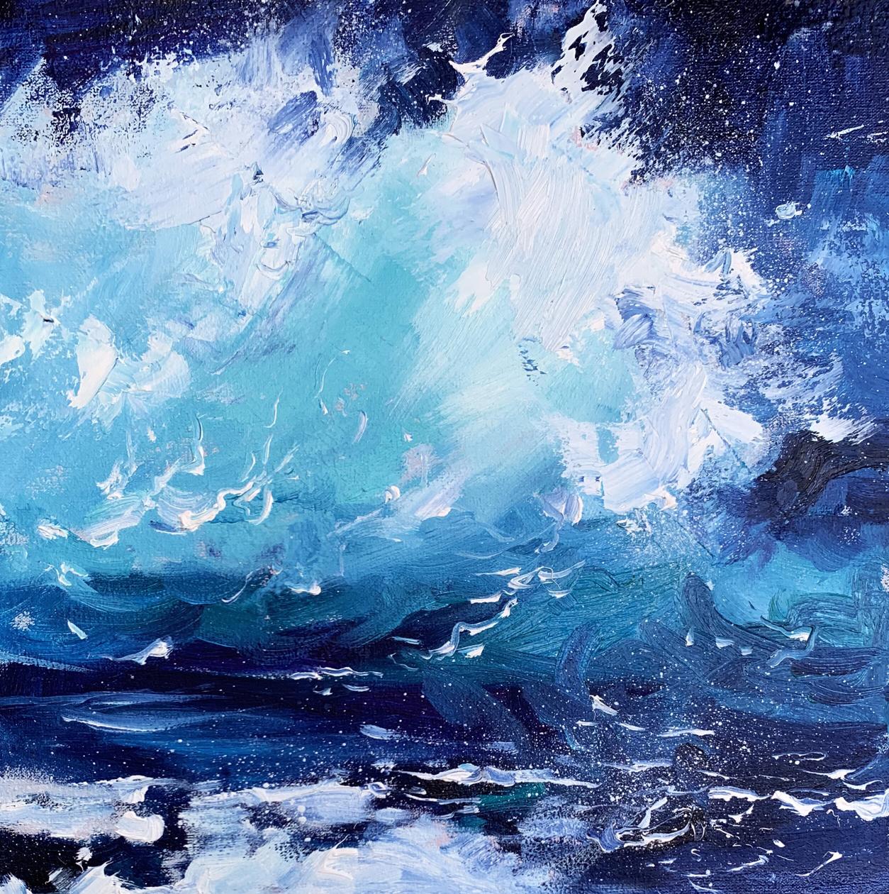 Oil painting Sea Wavy Breeze by Tatyana Derdey: crashing waves in navy, turquoise, white