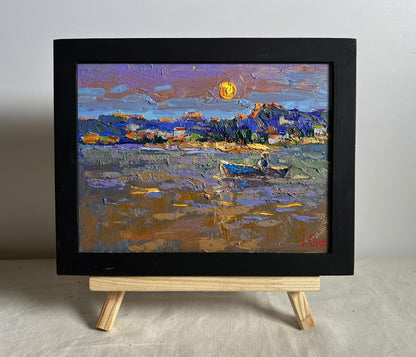Oil painting Moon over the lake by Oksana Ivanyuk, impressionistic coastal scene