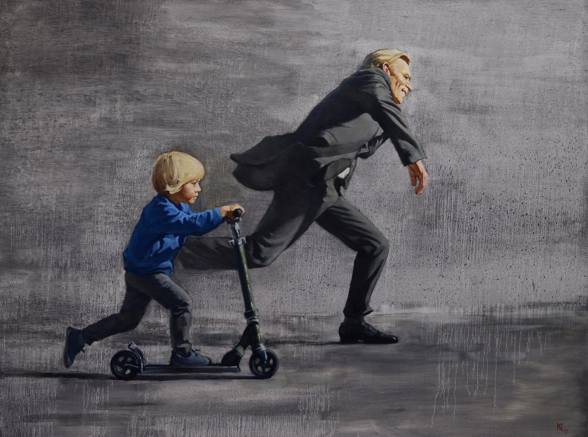 Oil painting Chasing the rain by Oleg Kateryniuk with black sleek scooter