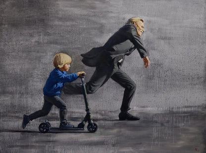 Oil painting Chasing the rain by Oleg Kateryniuk with black sleek scooter
