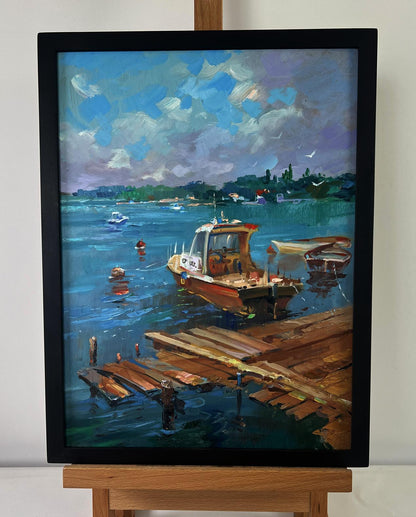 Oil painting of old wooden pier into sea by Yuriy Suprunchuk in black frame