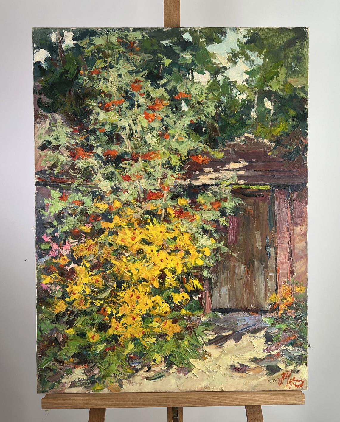 Vibrant impressionist oil painting of lush garden by Alexander Cherednichenko