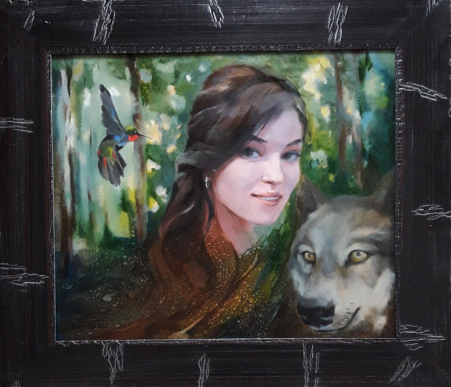 Oil painting portrait of woman with hummingbird and wolf by Vasily Korkishko