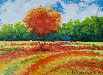 Vibrant oil painting of orange tree by V. Zadorozhnya, fiery foliage in field