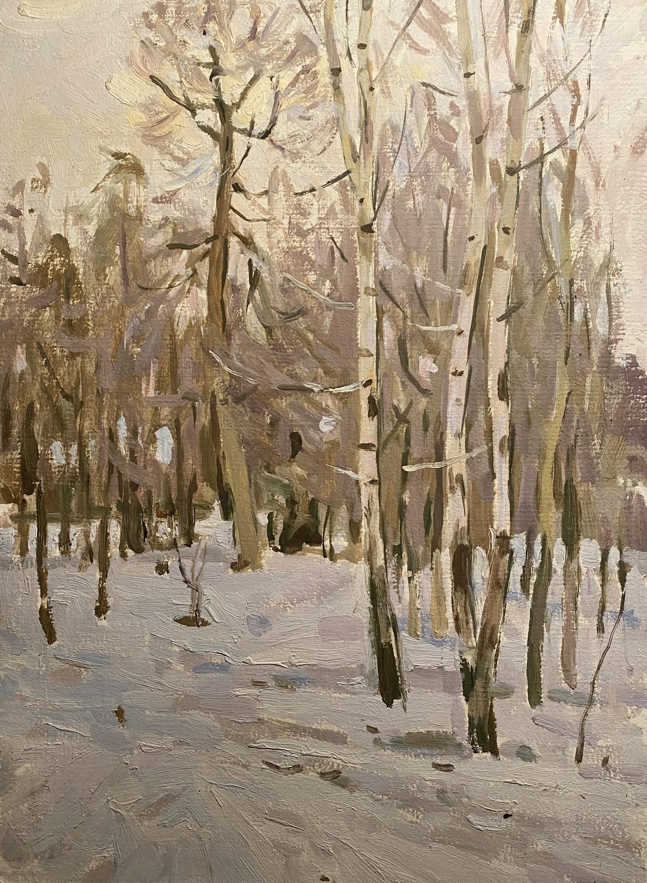 Textured oil painting of three birch trees in snowy park by Nikolai Fedorovich Bortnikov