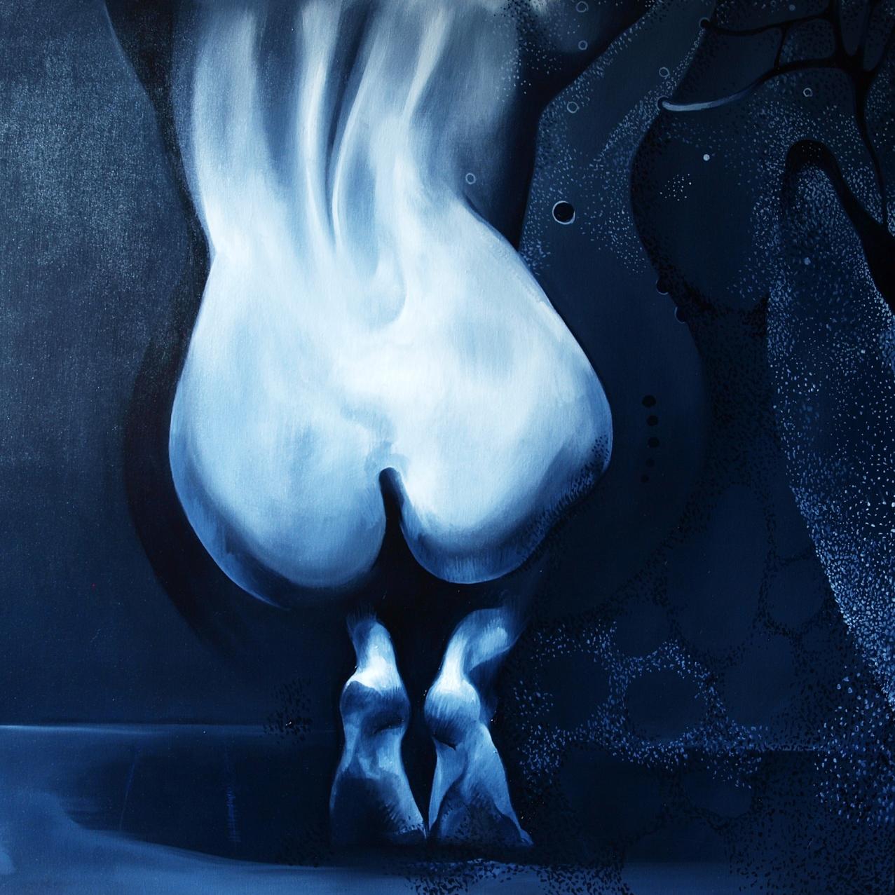 Surreal glowing blue buttocks sculpture emerging from dark water, Alone by Konsta G. Amelinn oil painting